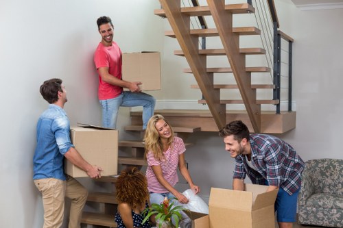 Professional man and van team handling boxes and furniture